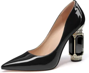 JANSEVEN Women Chunky Heels Pumps Crystal Block Heels with Rhinestones Pointed Toe Sexy Gradient Patent Leather Slip on Bridal Party Wedding Dress Shoes 5-13 M US
