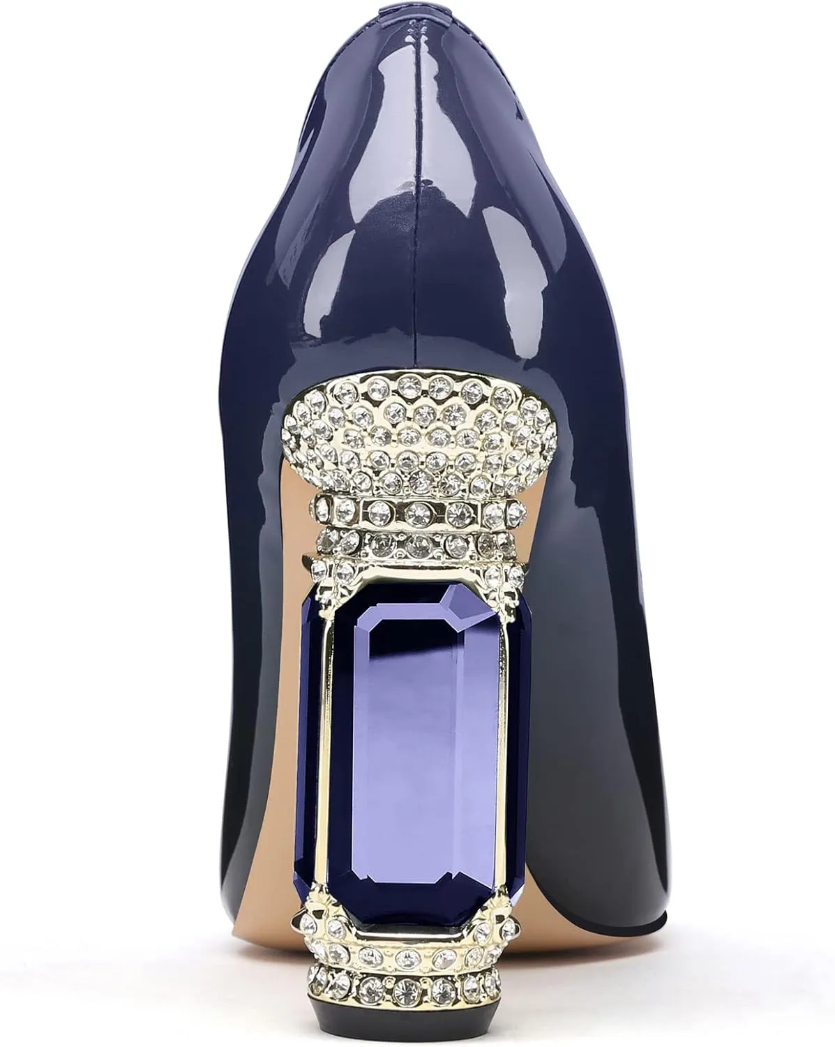 JANSEVEN Women Chunky Heels Pumps Crystal Block Heels with Rhinestones Pointed Toe Sexy Gradient Patent Leather Slip on Bridal Party Wedding Dress Shoes 5-13 M US