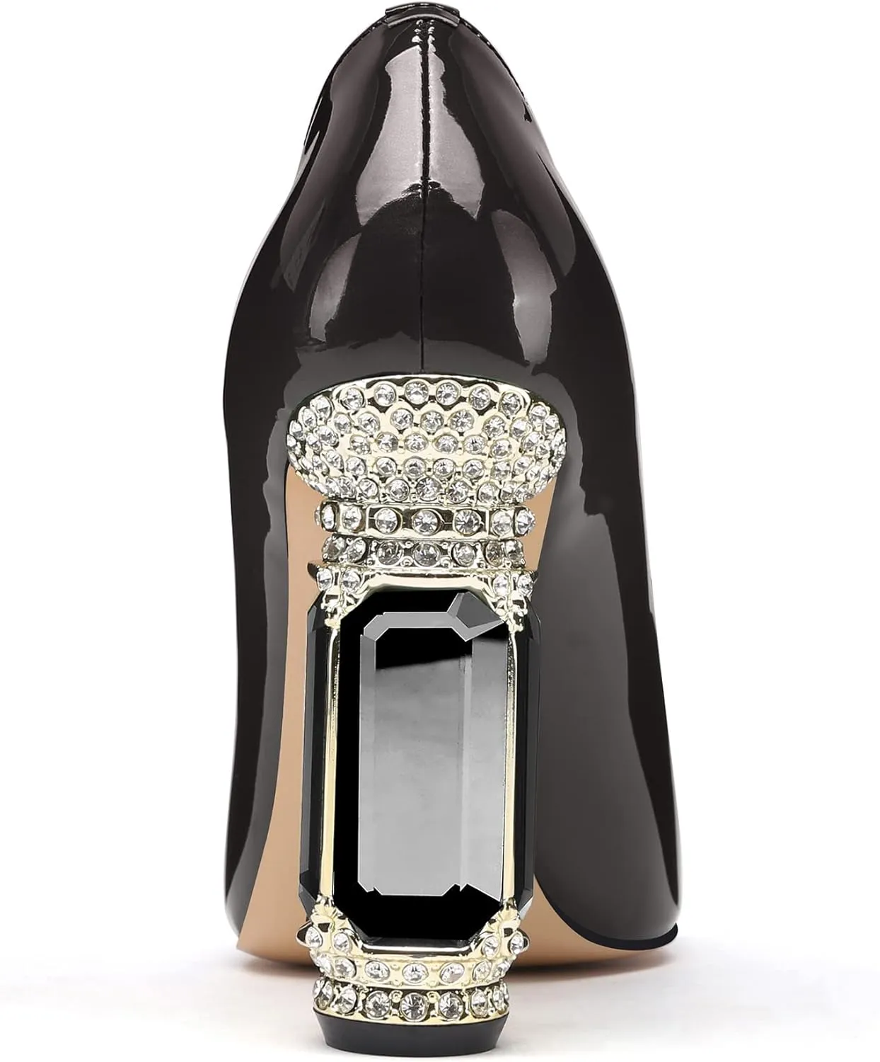 JANSEVEN Women Chunky Heels Pumps Crystal Block Heels with Rhinestones Pointed Toe Sexy Gradient Patent Leather Slip on Bridal Party Wedding Dress Shoes 5-13 M US