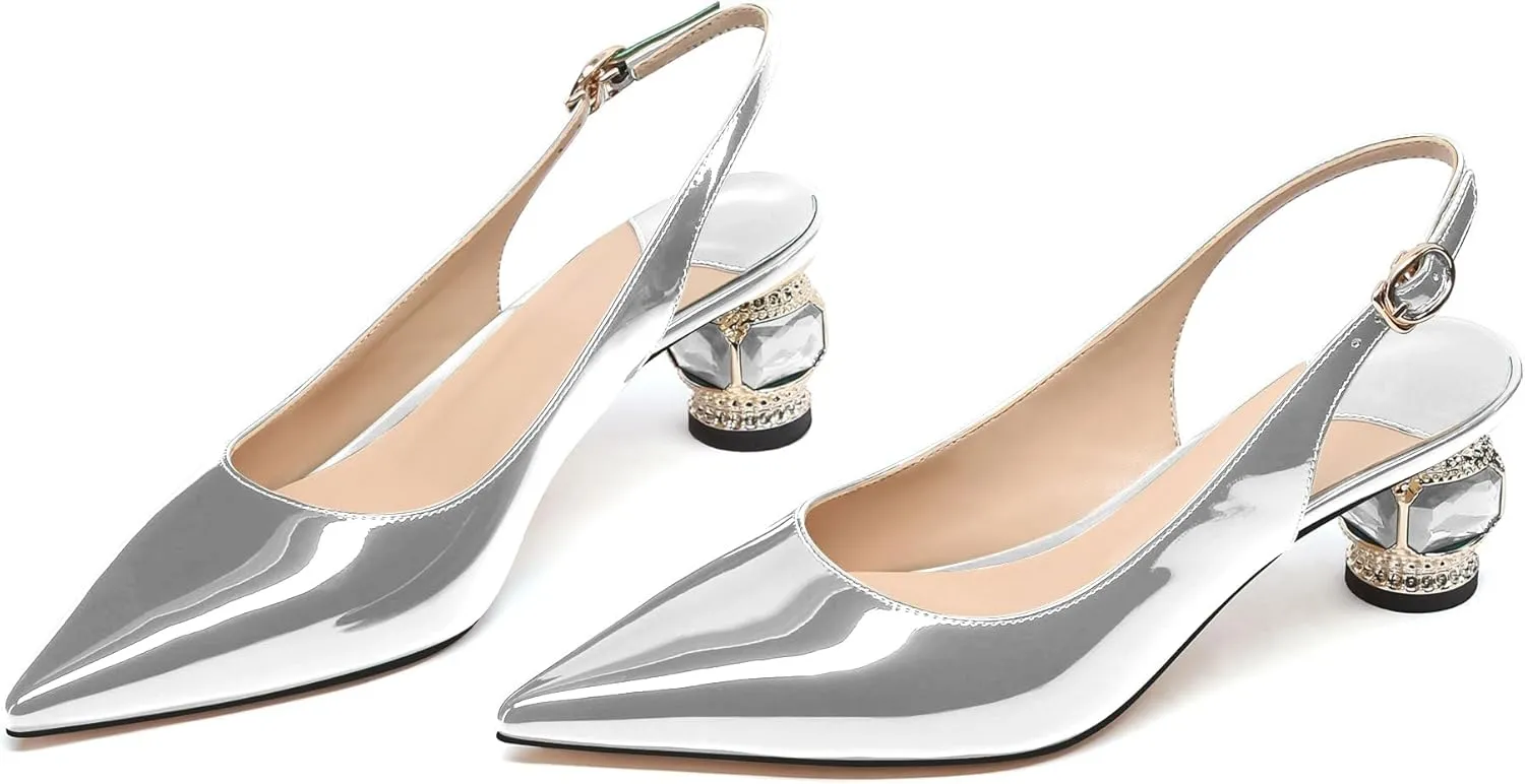 JANSEVEN Women Chunky Heels Pumps Crystal Block Heels with Rhinestones Pointed Toe Sexy Gradient Patent Leather Slip on Bridal Party Wedding Dress Shoes Size 5-13 US