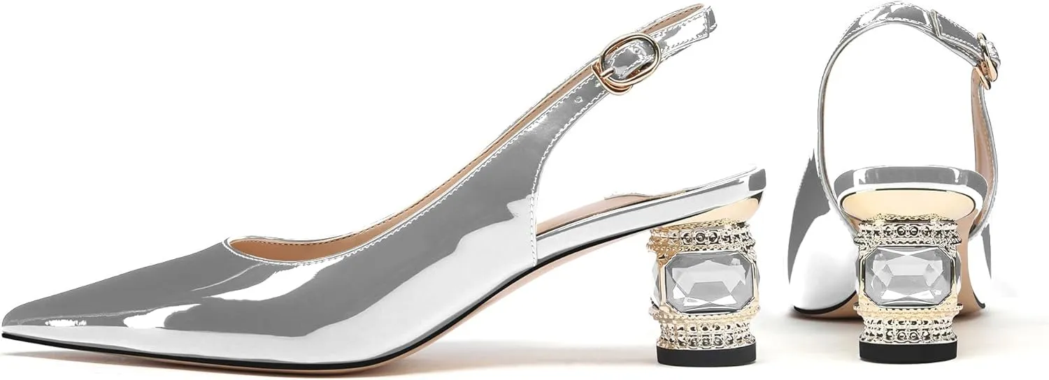 JANSEVEN Women Chunky Heels Pumps Crystal Block Heels with Rhinestones Pointed Toe Sexy Gradient Patent Leather Slip on Bridal Party Wedding Dress Shoes Size 5-13 US