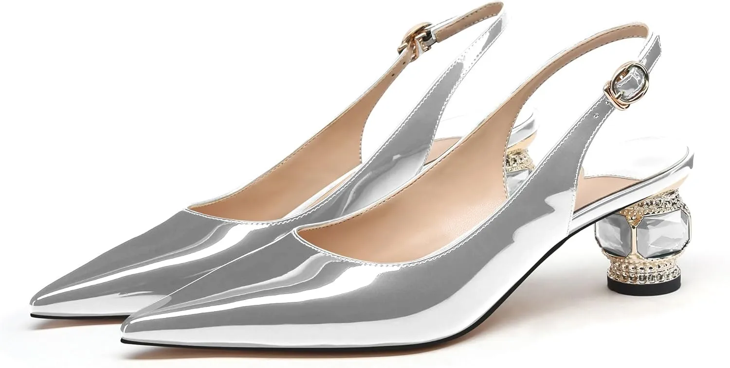 JANSEVEN Women Chunky Heels Pumps Crystal Block Heels with Rhinestones Pointed Toe Sexy Gradient Patent Leather Slip on Bridal Party Wedding Dress Shoes Size 5-13 US
