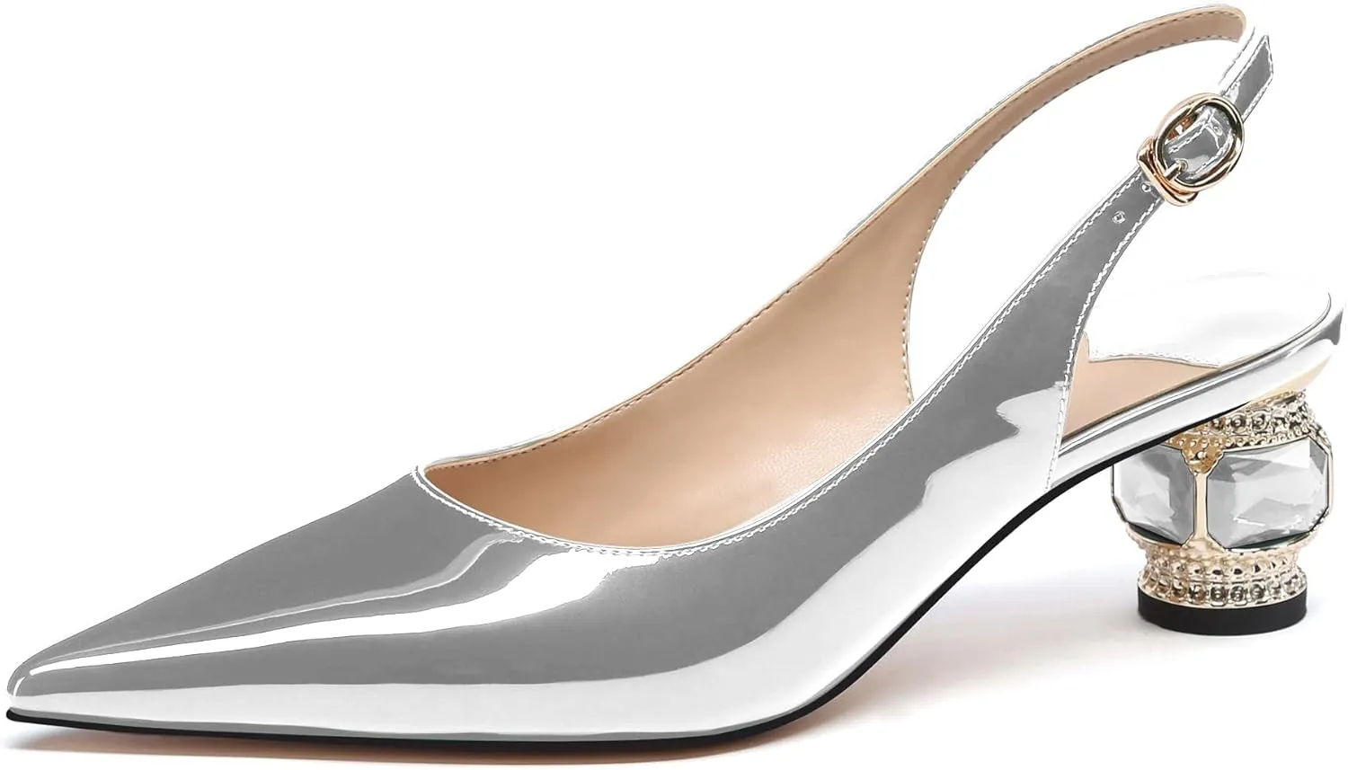 JANSEVEN Women Chunky Heels Pumps Crystal Block Heels with Rhinestones Pointed Toe Sexy Gradient Patent Leather Slip on Bridal Party Wedding Dress Shoes Size 5-13 US