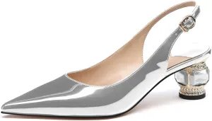 JANSEVEN Women Chunky Heels Pumps Crystal Block Heels with Rhinestones Pointed Toe Sexy Gradient Patent Leather Slip on Bridal Party Wedding Dress Shoes Size 5-13 US