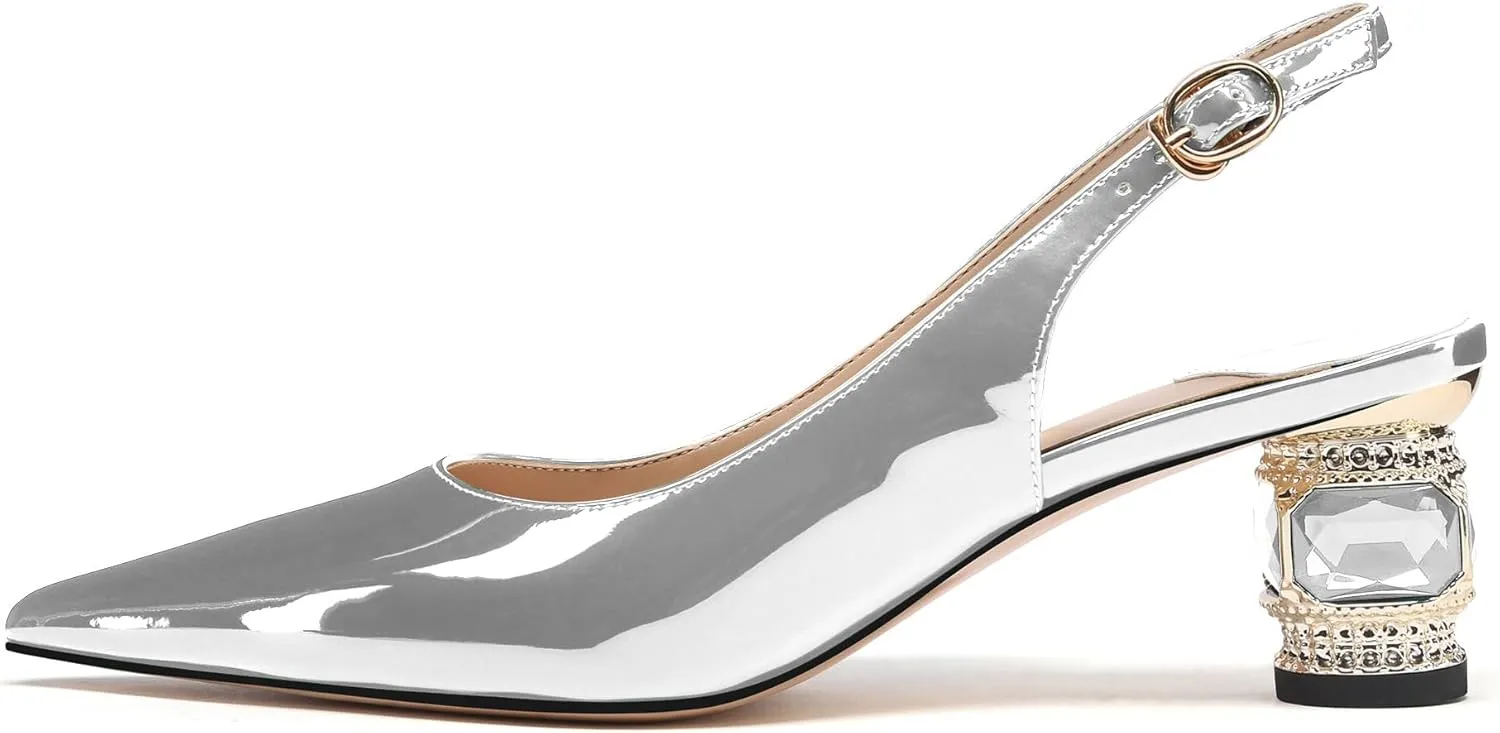 JANSEVEN Women Chunky Heels Pumps Crystal Block Heels with Rhinestones Pointed Toe Sexy Gradient Patent Leather Slip on Bridal Party Wedding Dress Shoes Size 5-13 US