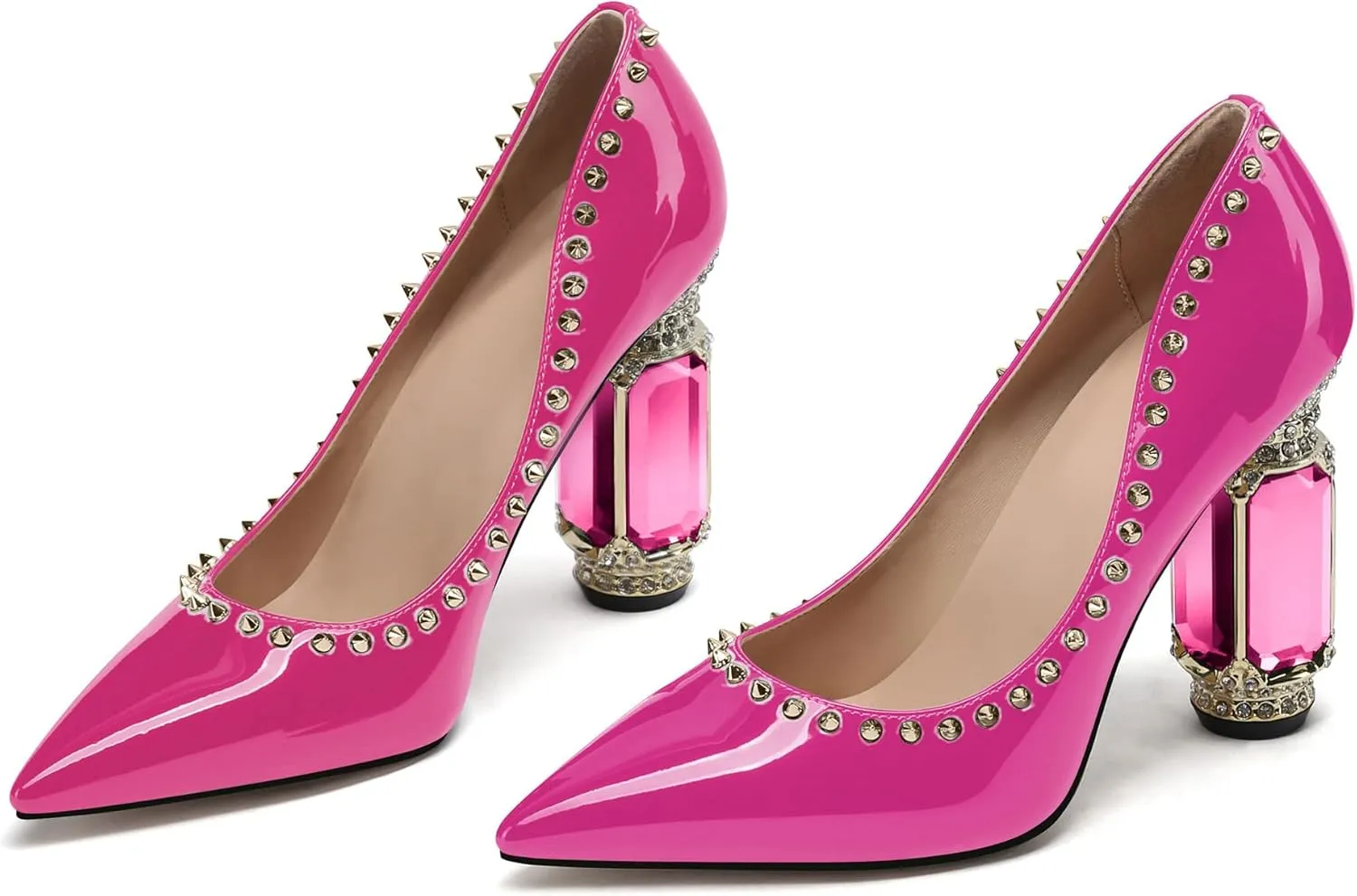 JANSEVEN Women Chunky Heels Pumps Crystal Block Heels with Rhinestones Rivet Pointed Toe Sexy Gradient Patent Leather Slip on Bridal Party Wedding Dress Shoes 5-13 M US