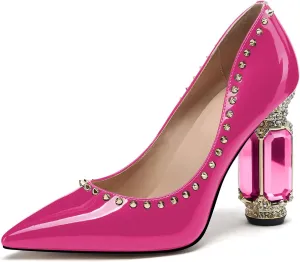 JANSEVEN Women Chunky Heels Pumps Crystal Block Heels with Rhinestones Rivet Pointed Toe Sexy Gradient Patent Leather Slip on Bridal Party Wedding Dress Shoes 5-13 M US