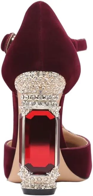 JANSEVEN Women Chunky High Heels Block Heeled Crystal Pumps Unique Jewel Gemstone Heel Round Closed Toe With Rhinestone Suede T-strap Sandals Party Bridal Wedding Shoes