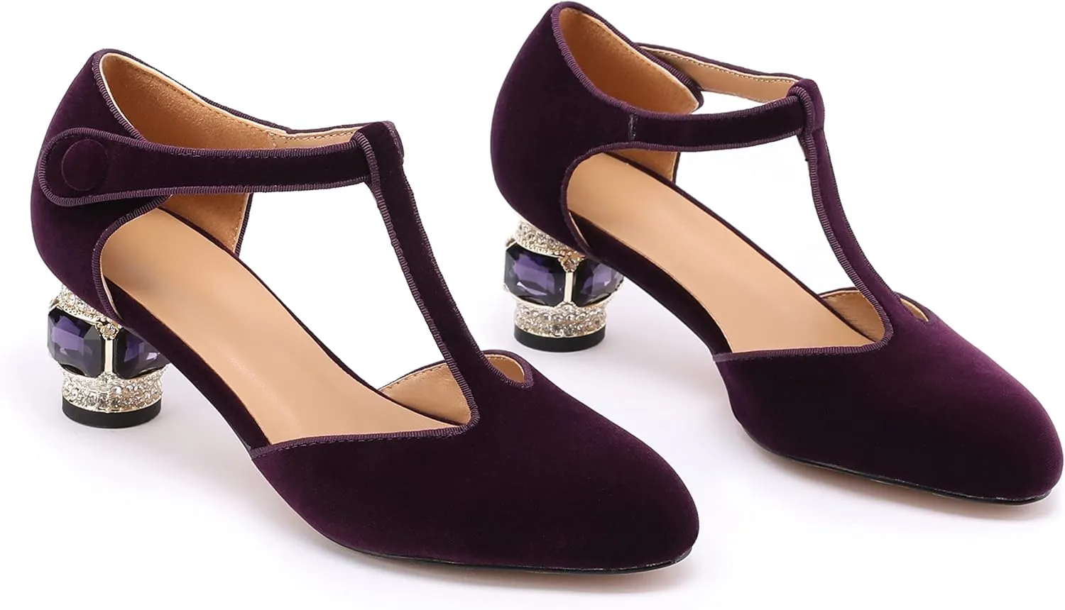 JANSEVEN Women Chunky High Heels Block Heeled Crystal Pumps Unique Jewel Gemstone Heel Round Closed Toe With Rhinestone Suede T-strap Sandals Party Bridal Wedding Shoes