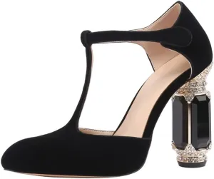 JANSEVEN Women Chunky High Heels Block Heeled Crystal Pumps Unique Jewel Gemstone Heel Round Closed Toe With Rhinestone Suede T-strap Sandals Party Bridal Wedding Shoes