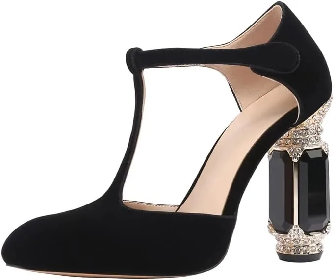 JANSEVEN Women Chunky High Heels Block Heeled Crystal Pumps Unique Jewel Gemstone Heel Round Closed Toe With Rhinestone Suede T-strap Sandals Party Bridal Wedding Shoes
