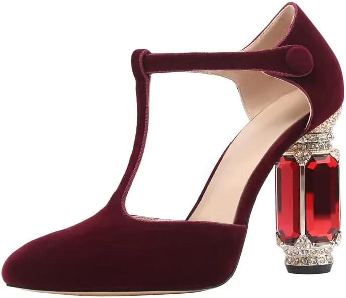 JANSEVEN Women Chunky High Heels Block Heeled Crystal Pumps Unique Jewel Gemstone Heel Round Closed Toe With Rhinestone Suede T-strap Sandals Party Bridal Wedding Shoes