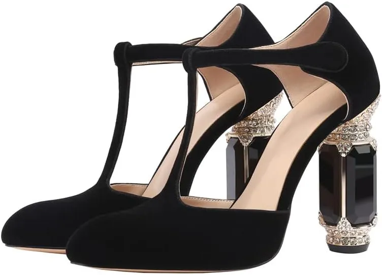 JANSEVEN Women Chunky High Heels Block Heeled Crystal Pumps Unique Jewel Gemstone Heel Round Closed Toe With Rhinestone Suede T-strap Sandals Party Bridal Wedding Shoes