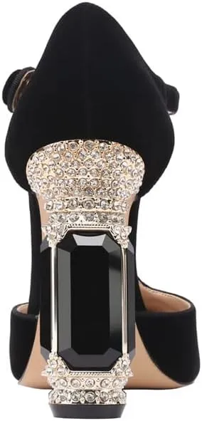 JANSEVEN Women Chunky High Heels Block Heeled Crystal Pumps Unique Jewel Gemstone Heel Round Closed Toe With Rhinestone Suede T-strap Sandals Party Bridal Wedding Shoes