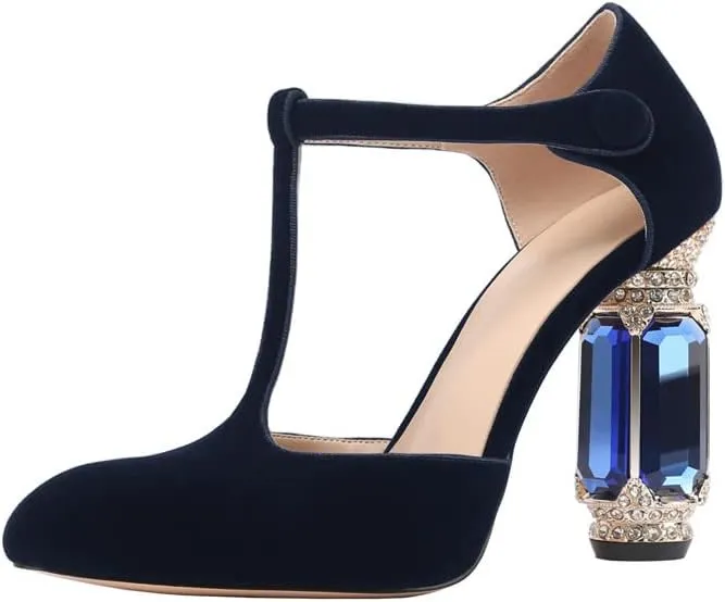 JANSEVEN Women Chunky High Heels Block Heeled Crystal Pumps Unique Jewel Gemstone Heel Round Closed Toe With Rhinestone Suede T-strap Sandals Party Bridal Wedding Shoes