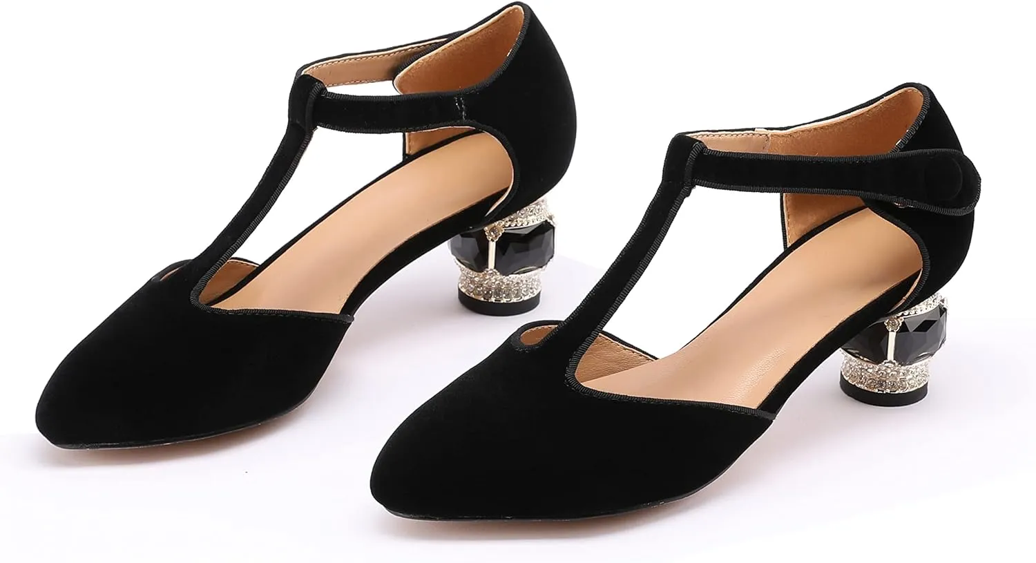 JANSEVEN Women Chunky High Heels Block Heeled Crystal Pumps Unique Jewel Gemstone Heel Round Closed Toe With Rhinestone Suede T-strap Sandals Party Bridal Wedding Shoes