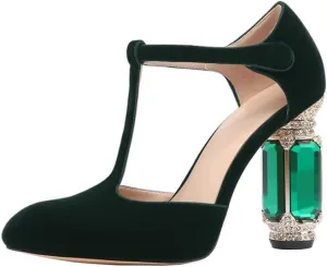 JANSEVEN Women Chunky High Heels Block Heeled Crystal Pumps Unique Jewel Gemstone Heel Round Closed Toe With Rhinestone Suede T-strap Sandals Party Bridal Wedding Shoes