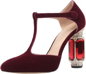 JANSEVEN Women Chunky High Heels Block Heeled Crystal Pumps Unique Jewel Gemstone Heel Round Closed Toe With Rhinestone Suede T-strap Sandals Party Bridal Wedding Shoes
