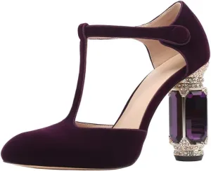 JANSEVEN Women Chunky High Heels Block Heeled Crystal Pumps Unique Jewel Gemstone Heel Round Closed Toe With Rhinestone Suede T-strap Sandals Party Bridal Wedding Shoes