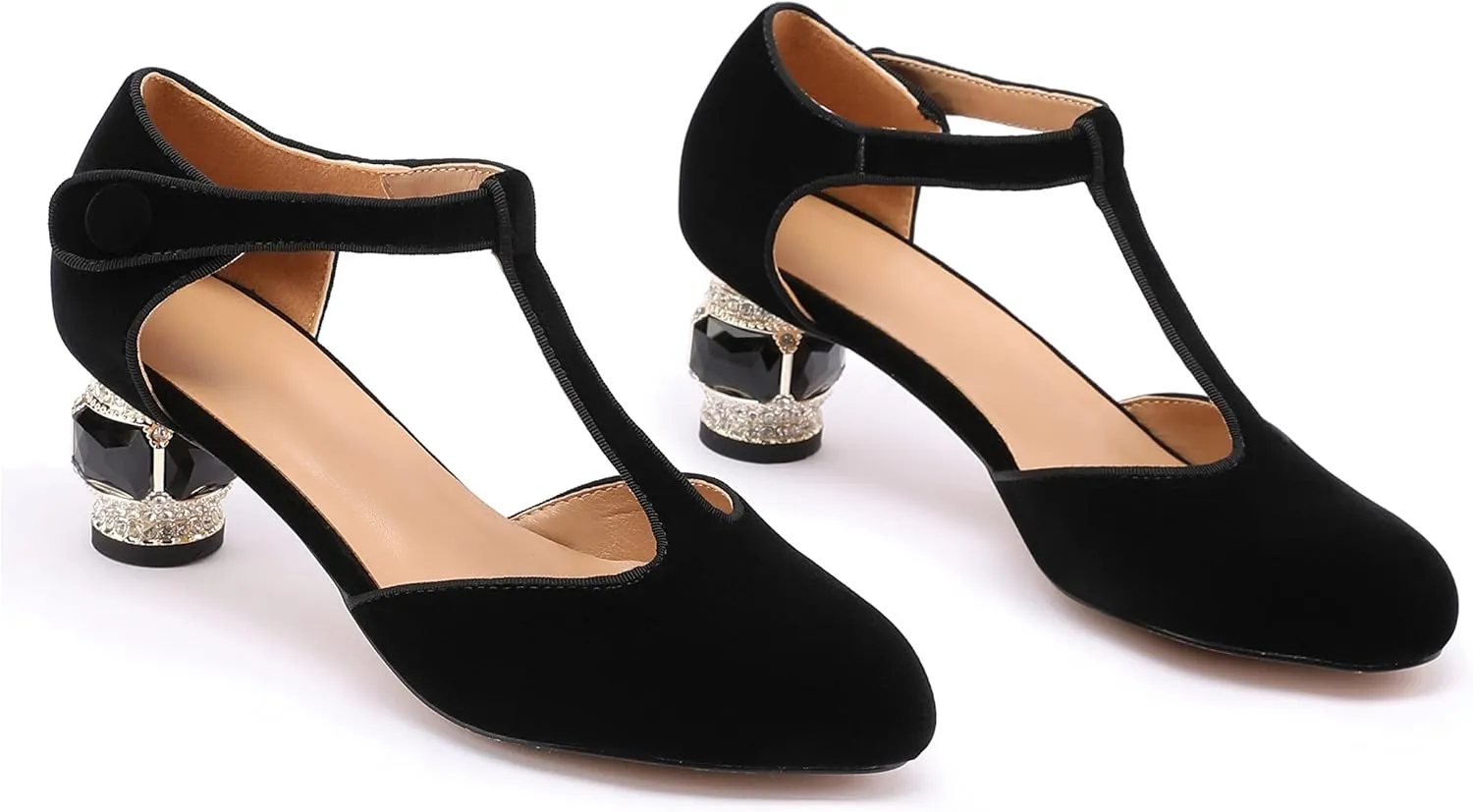 JANSEVEN Women Chunky High Heels Block Heeled Crystal Pumps Unique Jewel Gemstone Heel Round Closed Toe With Rhinestone Suede T-strap Sandals Party Bridal Wedding Shoes