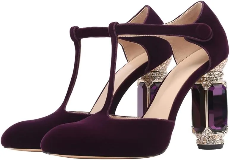 JANSEVEN Women Chunky High Heels Block Heeled Crystal Pumps Unique Jewel Gemstone Heel Round Closed Toe With Rhinestone Suede T-strap Sandals Party Bridal Wedding Shoes