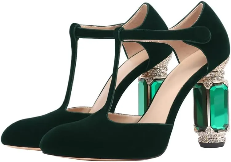 JANSEVEN Women Chunky High Heels Block Heeled Crystal Pumps Unique Jewel Gemstone Heel Round Closed Toe With Rhinestone Suede T-strap Sandals Party Bridal Wedding Shoes
