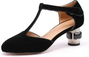 JANSEVEN Women Chunky High Heels Block Heeled Crystal Pumps Unique Jewel Gemstone Heel Round Closed Toe With Rhinestone Suede T-strap Sandals Party Bridal Wedding Shoes