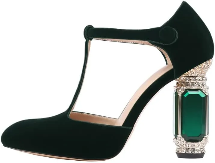 JANSEVEN Women Chunky High Heels Block Heeled Crystal Pumps Unique Jewel Gemstone Heel Round Closed Toe With Rhinestone Suede T-strap Sandals Party Bridal Wedding Shoes