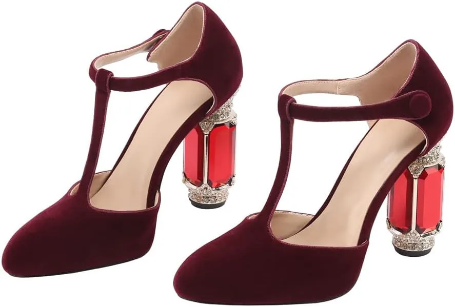 JANSEVEN Women Chunky High Heels Block Heeled Crystal Pumps Unique Jewel Gemstone Heel Round Closed Toe With Rhinestone Suede T-strap Sandals Party Bridal Wedding Shoes