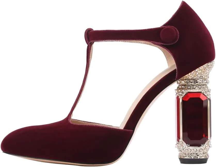 JANSEVEN Women Chunky High Heels Block Heeled Crystal Pumps Unique Jewel Gemstone Heel Round Closed Toe With Rhinestone Suede T-strap Sandals Party Bridal Wedding Shoes