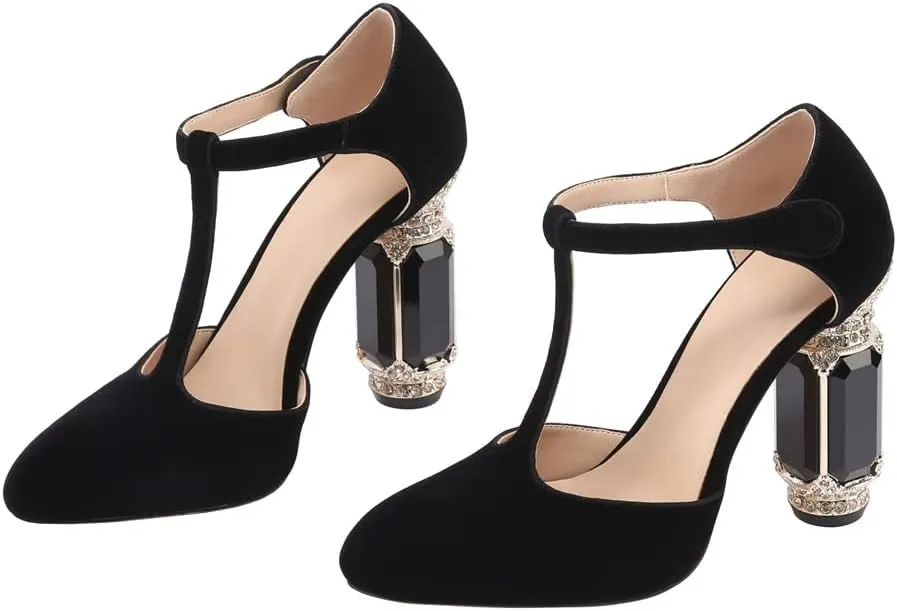 JANSEVEN Women Chunky High Heels Block Heeled Crystal Pumps Unique Jewel Gemstone Heel Round Closed Toe With Rhinestone Suede T-strap Sandals Party Bridal Wedding Shoes