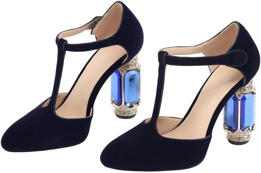 JANSEVEN Women Chunky High Heels Block Heeled Crystal Pumps Unique Jewel Gemstone Heel Round Closed Toe With Rhinestone Suede T-strap Sandals Party Bridal Wedding Shoes