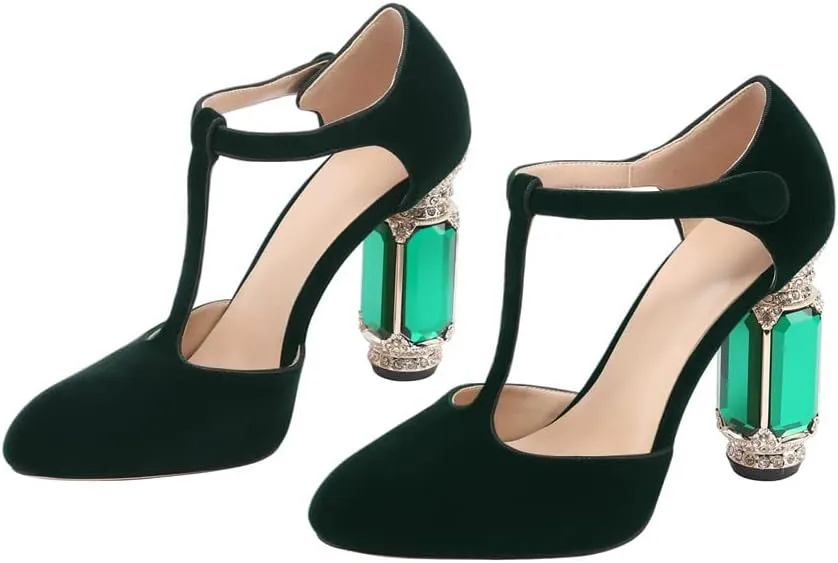 JANSEVEN Women Chunky High Heels Block Heeled Crystal Pumps Unique Jewel Gemstone Heel Round Closed Toe With Rhinestone Suede T-strap Sandals Party Bridal Wedding Shoes