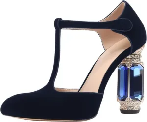 JANSEVEN Women Chunky High Heels Block Heeled Crystal Pumps Unique Jewel Gemstone Heel Round Closed Toe With Rhinestone Suede T-strap Sandals Party Bridal Wedding Shoes