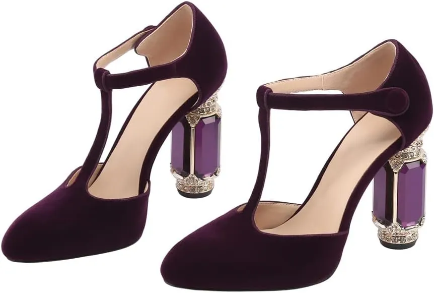 JANSEVEN Women Chunky High Heels Block Heeled Crystal Pumps Unique Jewel Gemstone Heel Round Closed Toe With Rhinestone Suede T-strap Sandals Party Bridal Wedding Shoes