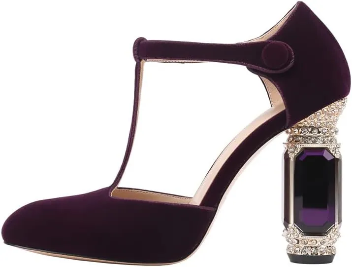 JANSEVEN Women Chunky High Heels Block Heeled Crystal Pumps Unique Jewel Gemstone Heel Round Closed Toe With Rhinestone Suede T-strap Sandals Party Bridal Wedding Shoes