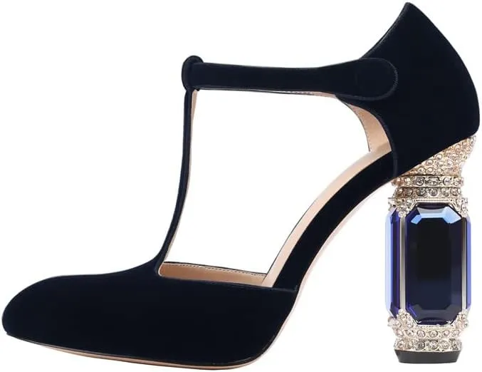 JANSEVEN Women Chunky High Heels Block Heeled Crystal Pumps Unique Jewel Gemstone Heel Round Closed Toe With Rhinestone Suede T-strap Sandals Party Bridal Wedding Shoes