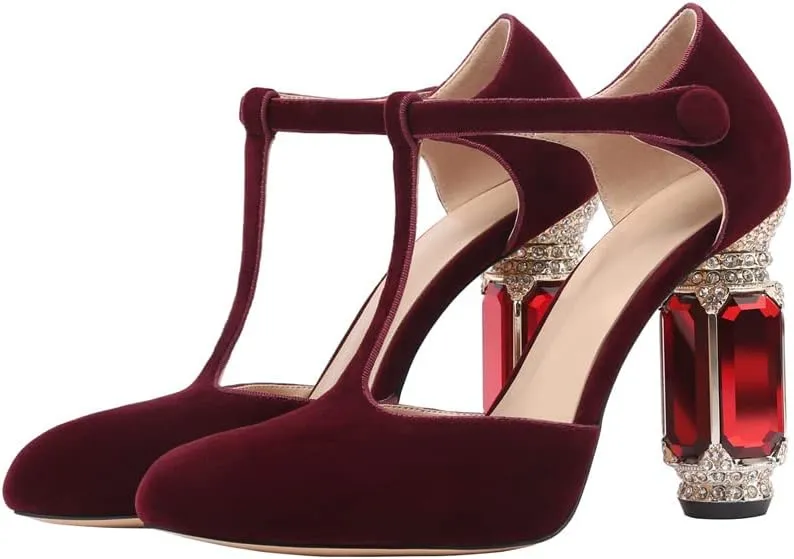 JANSEVEN Women Chunky High Heels Block Heeled Crystal Pumps Unique Jewel Gemstone Heel Round Closed Toe With Rhinestone Suede T-strap Sandals Party Bridal Wedding Shoes