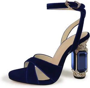 JANSEVEN Women Rhinestones High Heels Chunky Block Heeled Crystal Sandals Cross Strap Peep Toe Gemstone Heel Suede Sandal Party Bridal Wedding Shoes 4 Inches