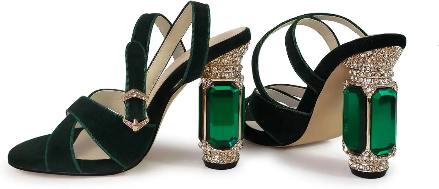 JANSEVEN Women Rhinestones High Heels Chunky Block Heeled Crystal Sandals Cross Strap Peep Toe Gemstone Heel Suede Sandal Party Bridal Wedding Shoes 4 Inches