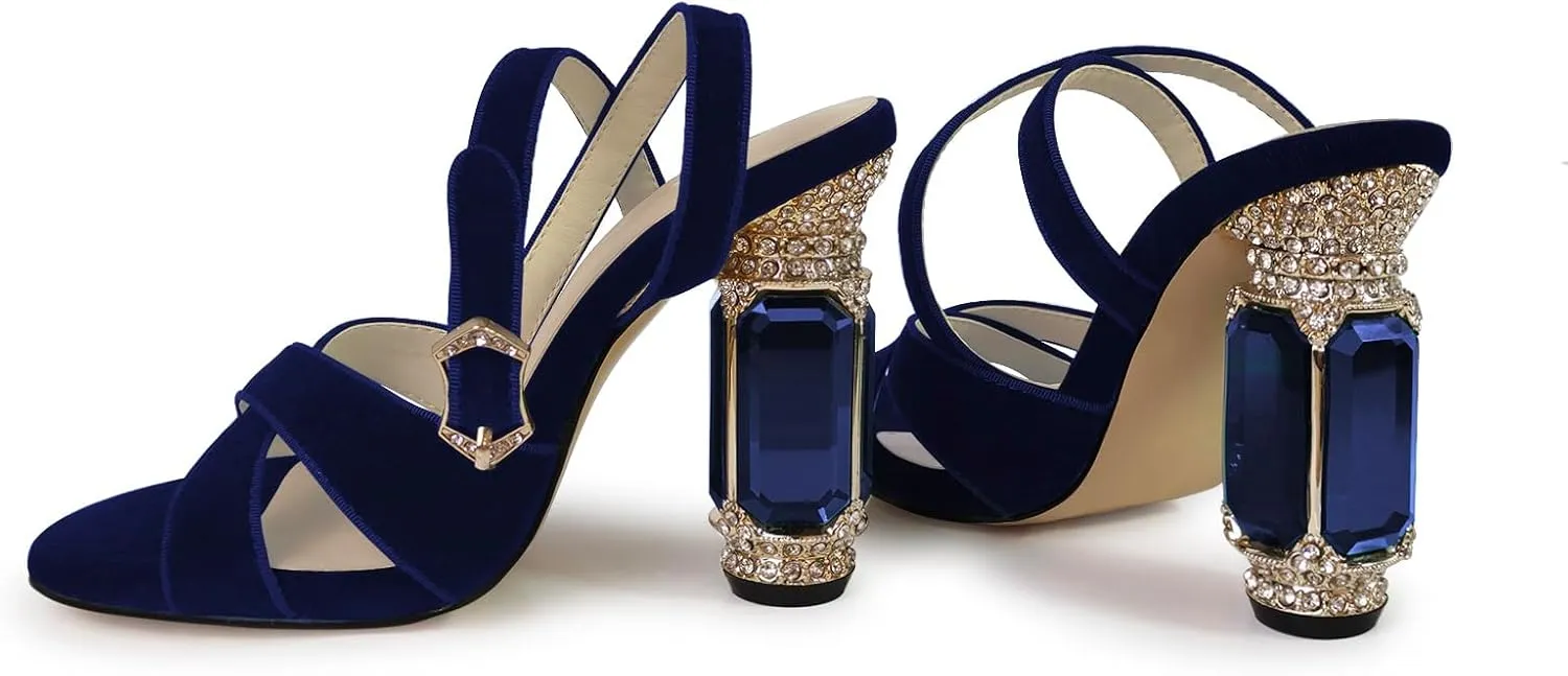JANSEVEN Women Rhinestones High Heels Chunky Block Heeled Crystal Sandals Cross Strap Peep Toe Gemstone Heel Suede Sandal Party Bridal Wedding Shoes 4 Inches