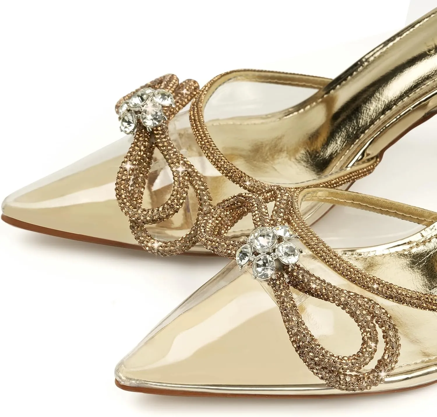 JENN ARDOR Women's Clear Heels Pointed Toe Kitten Heel Bow Pumps Rhinestone Strap Slingback Wedding Party Dress Shoes