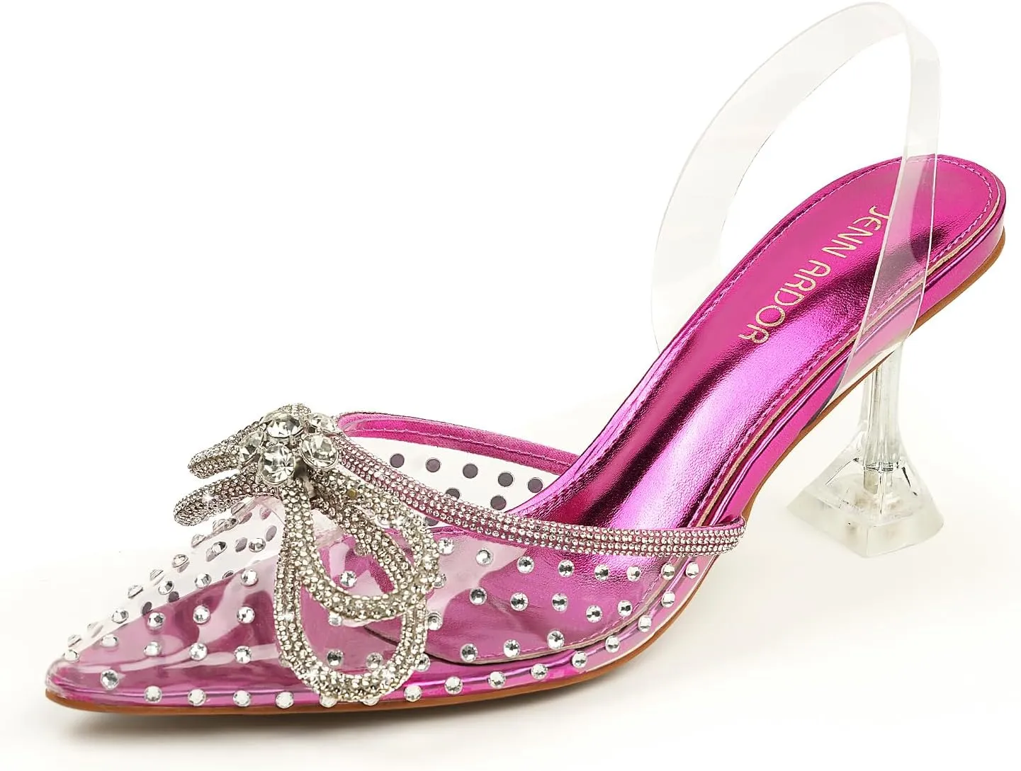 JENN ARDOR Women's Clear Heels Pointed Toe Kitten Heel Bow Pumps Rhinestone Strap Slingback Wedding Party Dress Shoes