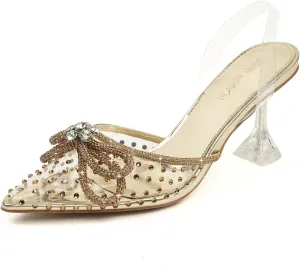 JENN ARDOR Women's Clear Heels Pointed Toe Kitten Heel Bow Pumps Rhinestone Strap Slingback Wedding Party Dress Shoes
