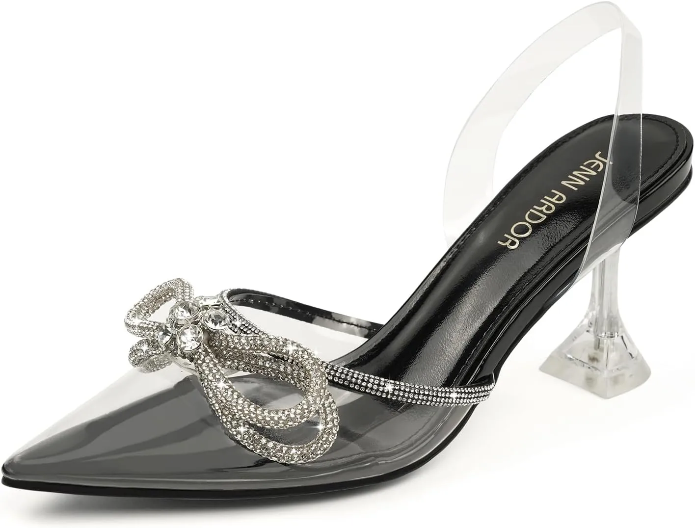 JENN ARDOR Women's Clear Heels Pointed Toe Kitten Heel Bow Pumps Rhinestone Strap Slingback Wedding Party Dress Shoes