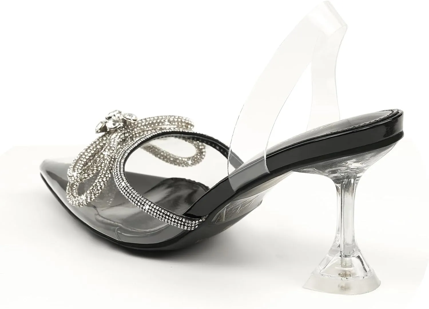JENN ARDOR Women's Clear Heels Pointed Toe Kitten Heel Bow Pumps Rhinestone Strap Slingback Wedding Party Dress Shoes