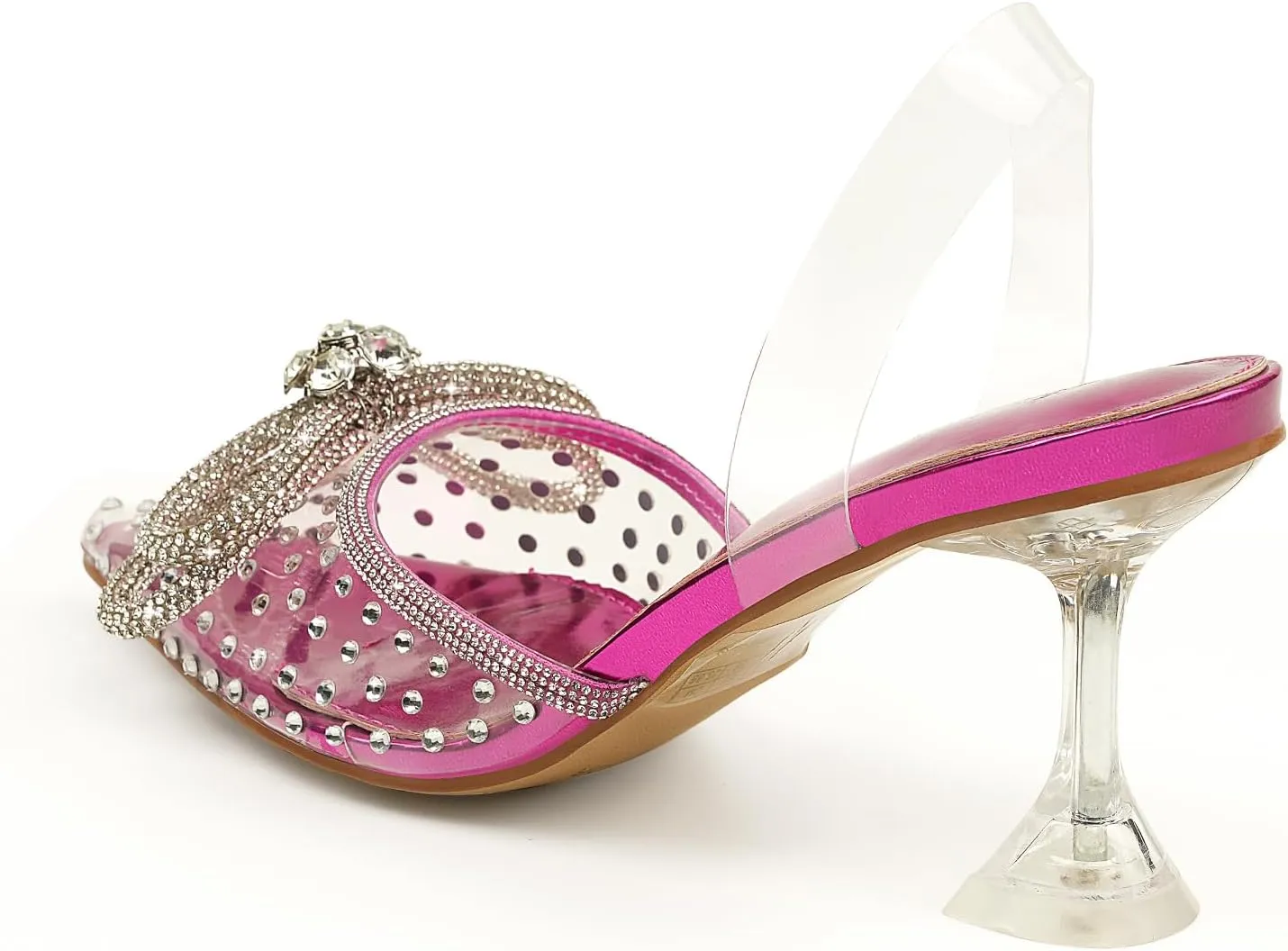 JENN ARDOR Women's Clear Heels Pointed Toe Kitten Heel Bow Pumps Rhinestone Strap Slingback Wedding Party Dress Shoes