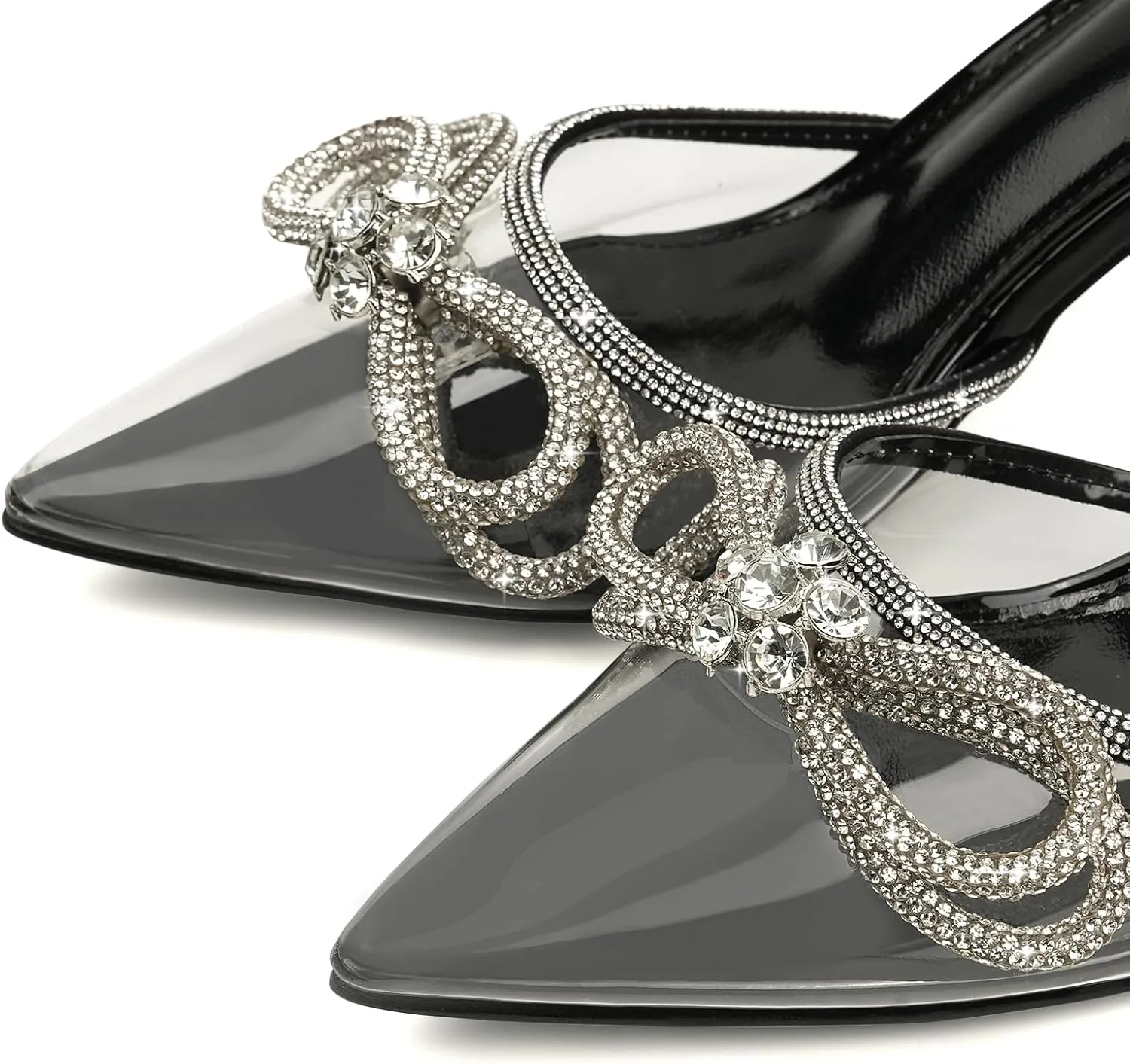 JENN ARDOR Women's Clear Heels Pointed Toe Kitten Heel Bow Pumps Rhinestone Strap Slingback Wedding Party Dress Shoes