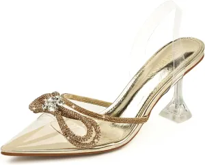 JENN ARDOR Women's Clear Heels Pointed Toe Kitten Heel Bow Pumps Rhinestone Strap Slingback Wedding Party Dress Shoes