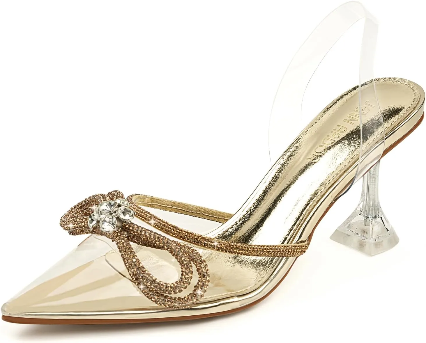 JENN ARDOR Women's Clear Heels Pointed Toe Kitten Heel Bow Pumps Rhinestone Strap Slingback Wedding Party Dress Shoes